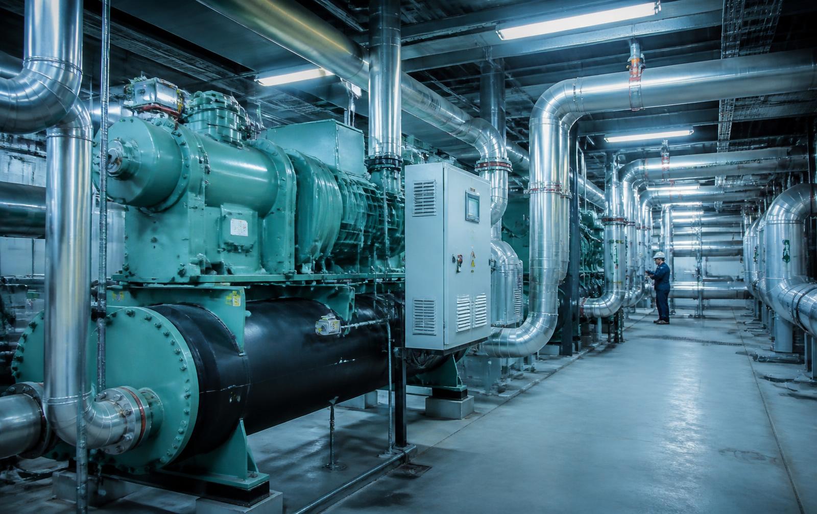 Salle des machines frigorifiques d'un site industriel : compresseurs, échangeurs et réseau de tuyauterie inox