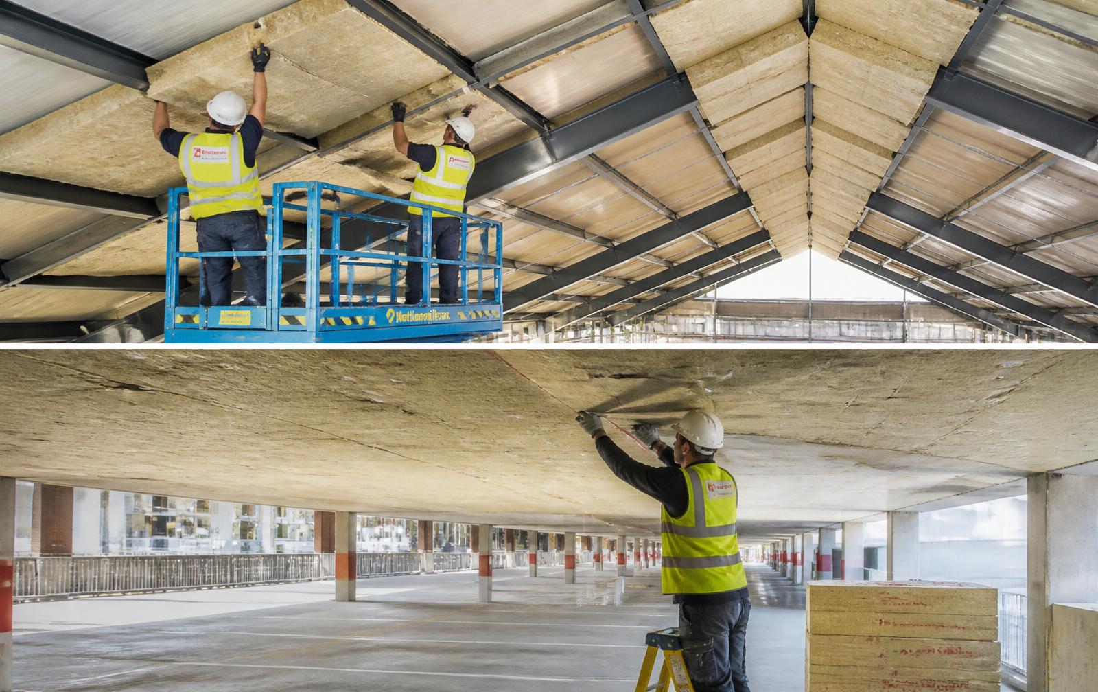 Pose d'isolant en sous-face de toiture et de plancher sur un bâtiment tertiaire