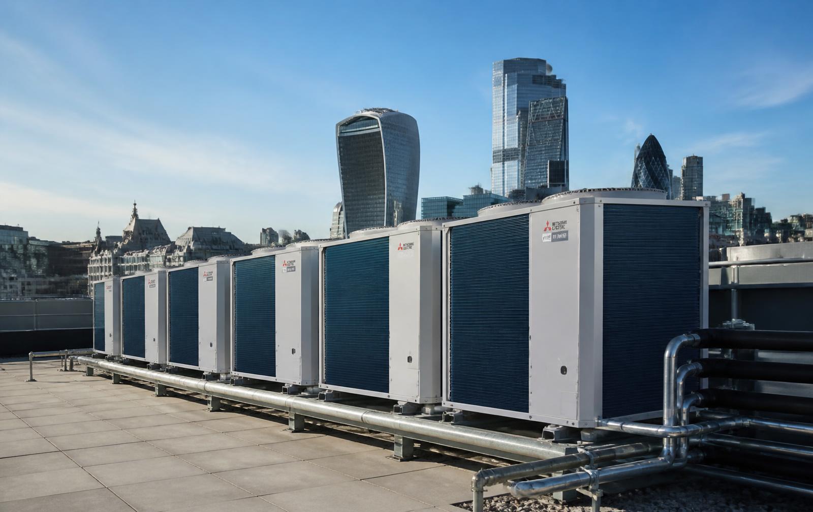 Batterie de pompes à chaleur air/eau installées en toiture d'un immeuble tertiaire